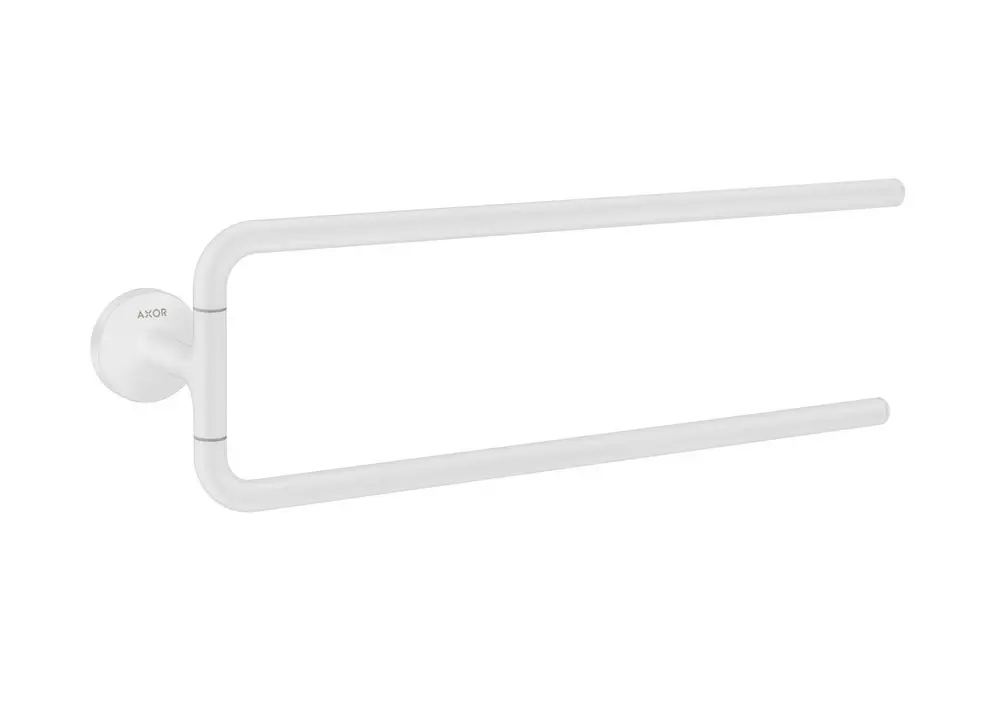 Weißer handtuchhalter mit zwei Armen, an einer Wand montiert. Das Produkt stammt von der Marke AXOR und hat ein minimalistisches Design.